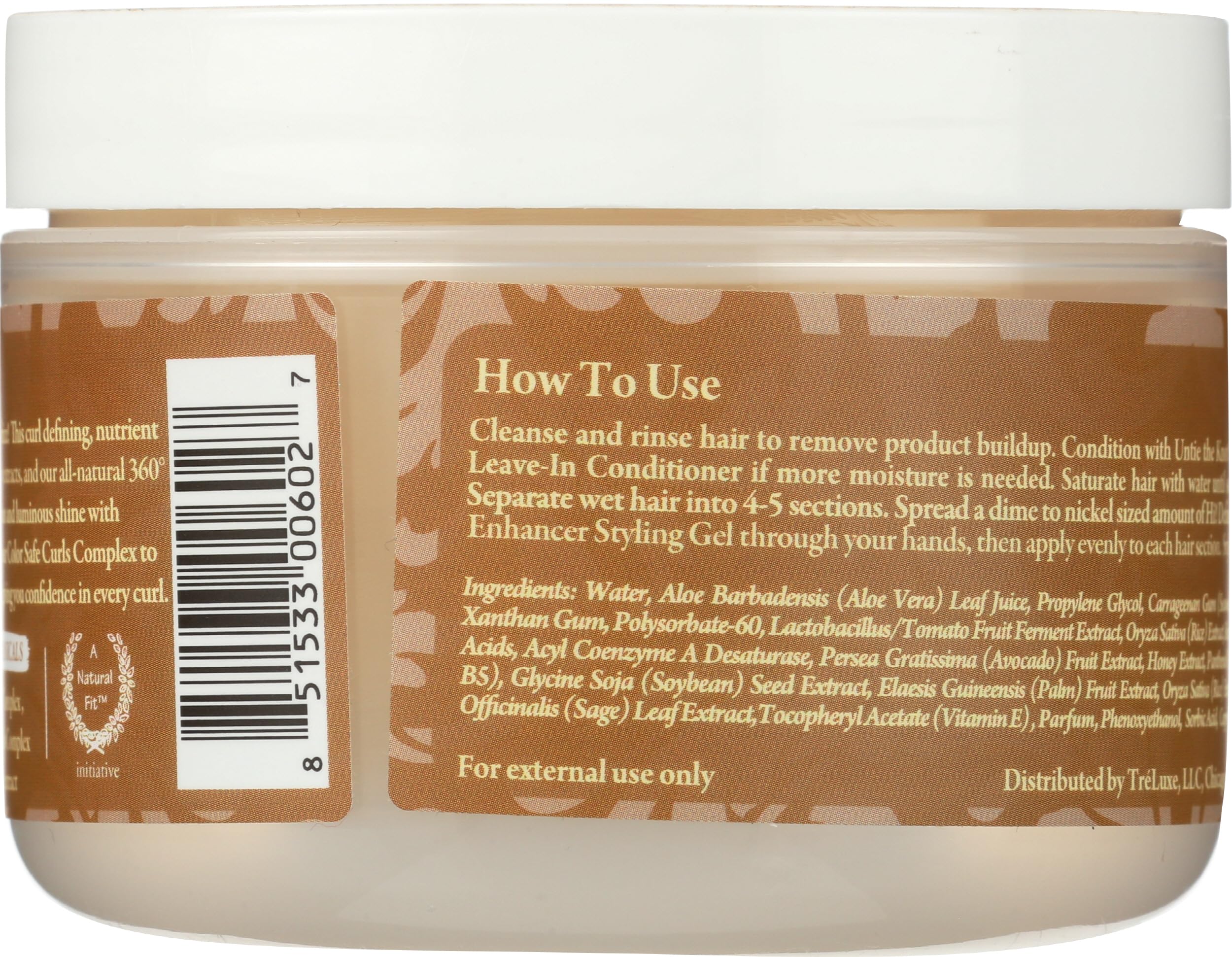 Treluxe Hi-Definition Curl Gel label close-up shows premium packaging and ingredient notes.