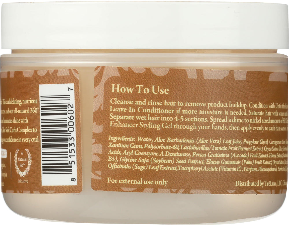 Treluxe Hi-Definition Curl Gel label close-up shows premium packaging and ingredient notes.