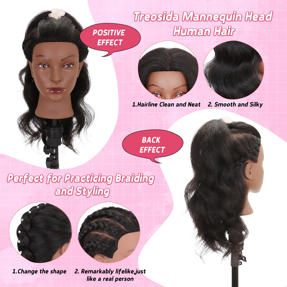 Treosida mannequin head brushing realism helps braiding and styling practice.