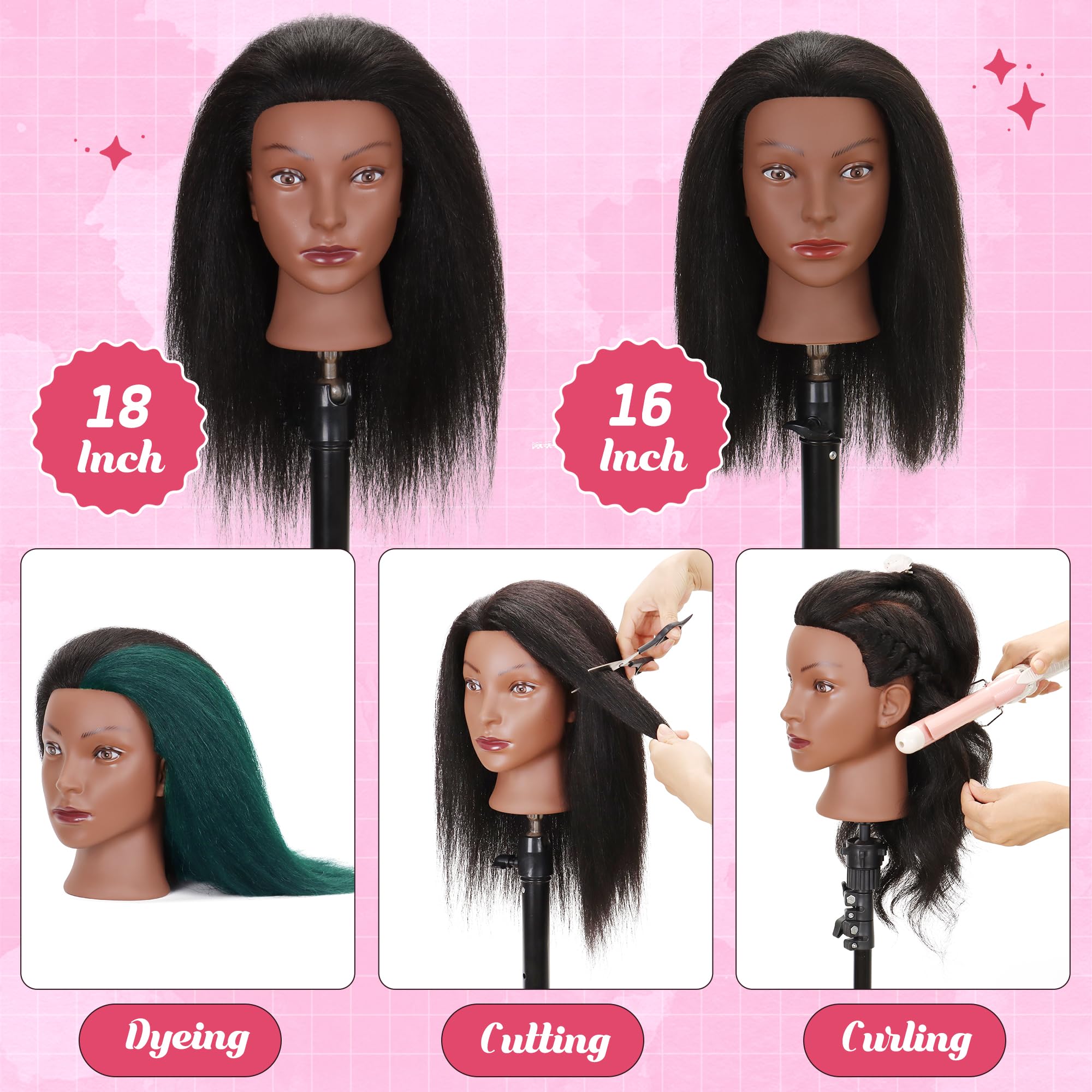 Treosida mannequin head supports curling and straightening practice with heat guidance.