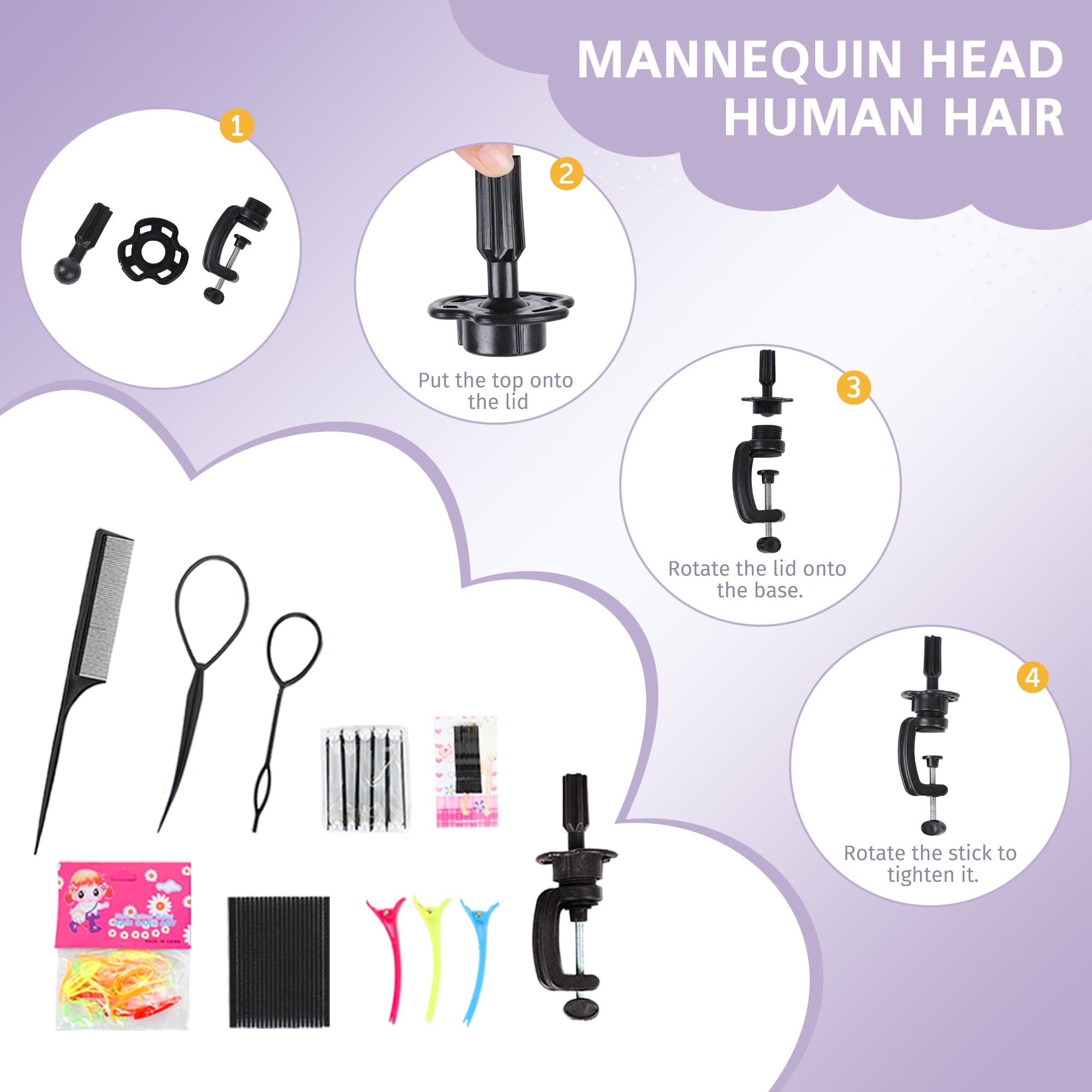 Treosida mannequin head with clamp tools includes a complete grooming setup.