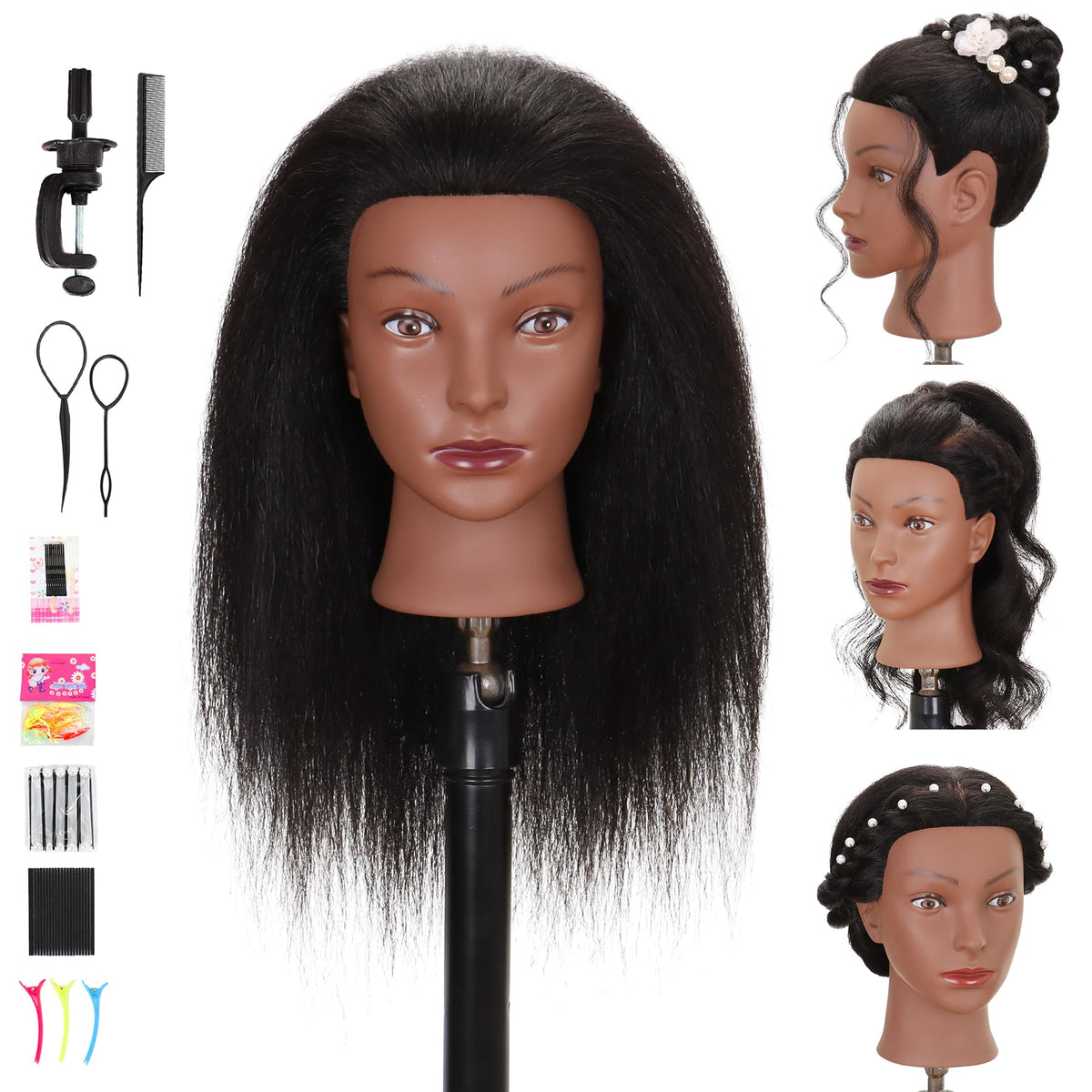 Treosida mannequin head real hair 16-18 inches for realistic styling practice at home.