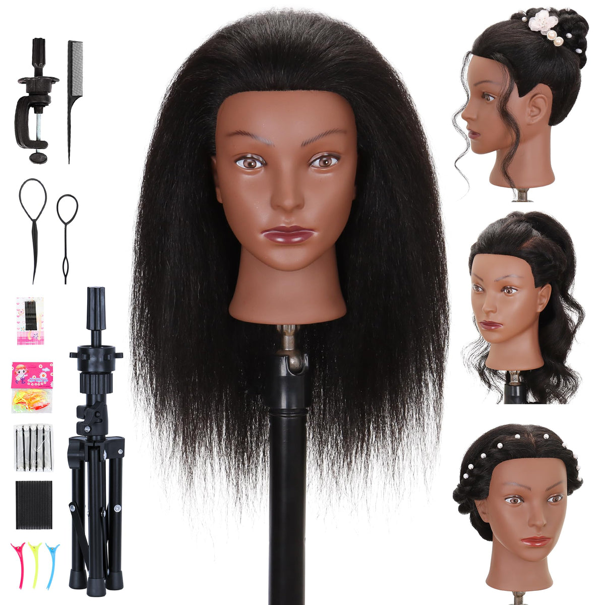 Treosida mannequin head real hair for lifelike cosmetology practice setup.