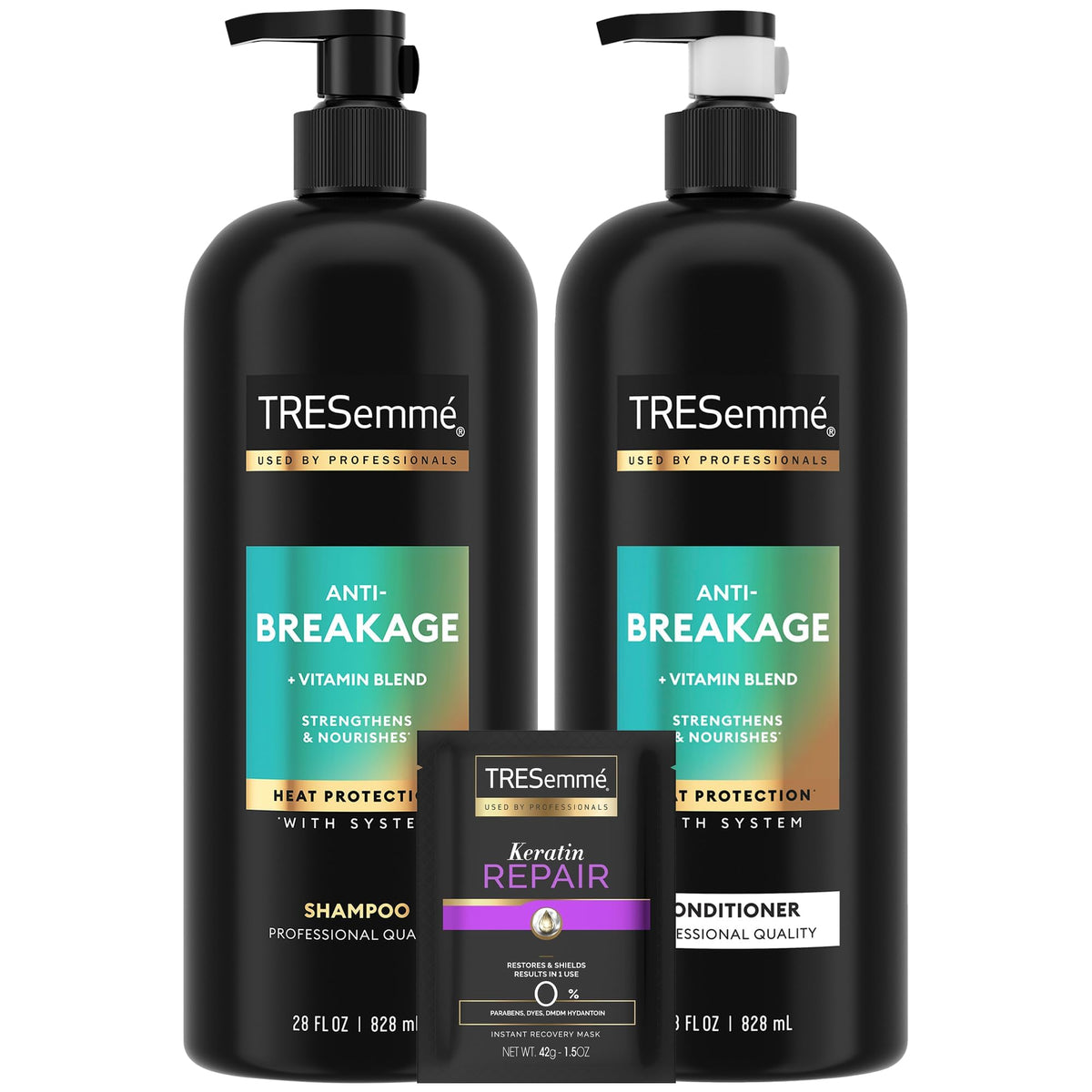TRESemmé anti-breakage shampoo bottle emphasizes strengthened hair after washing