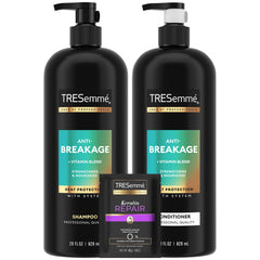 TRESemmé anti-breakage shampoo bottle emphasizes strengthened hair after washing