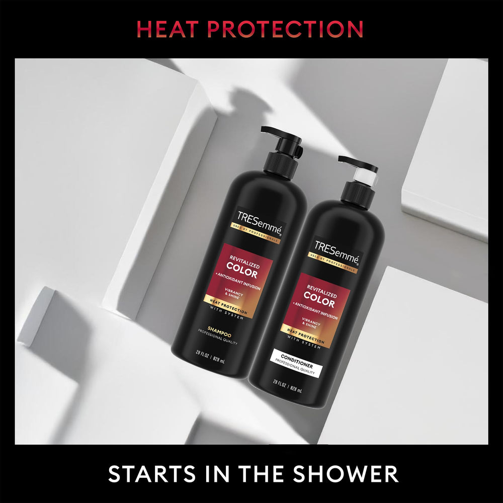 TRESemmé anti-fade and heat protection benefits highlighted in use.