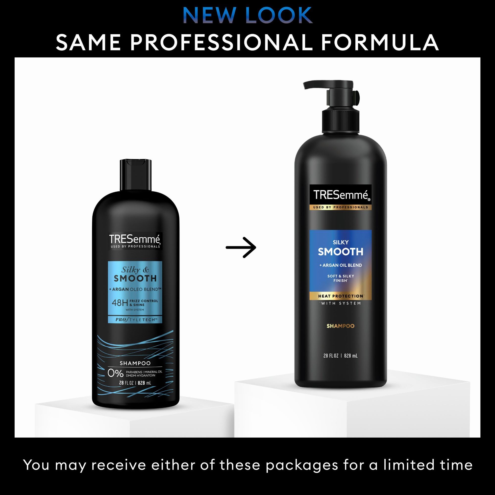 TRESemmé Argan oil blend ingredient panel highlights nourishing shine and heat protection.