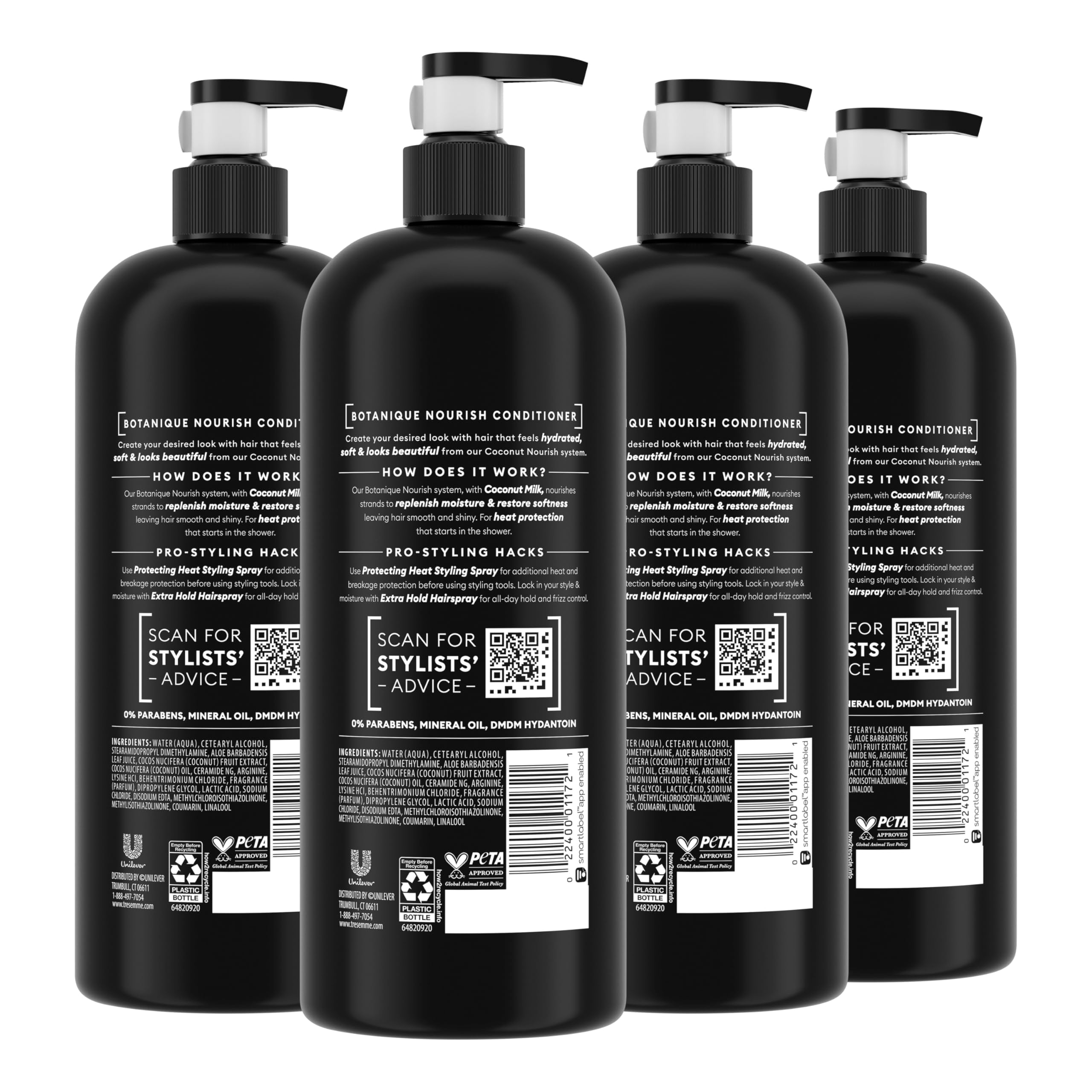 TRESemmé Botanique Nourish Shampoo bottle closeup with coconut milk for gentle cleanse and moisture.
