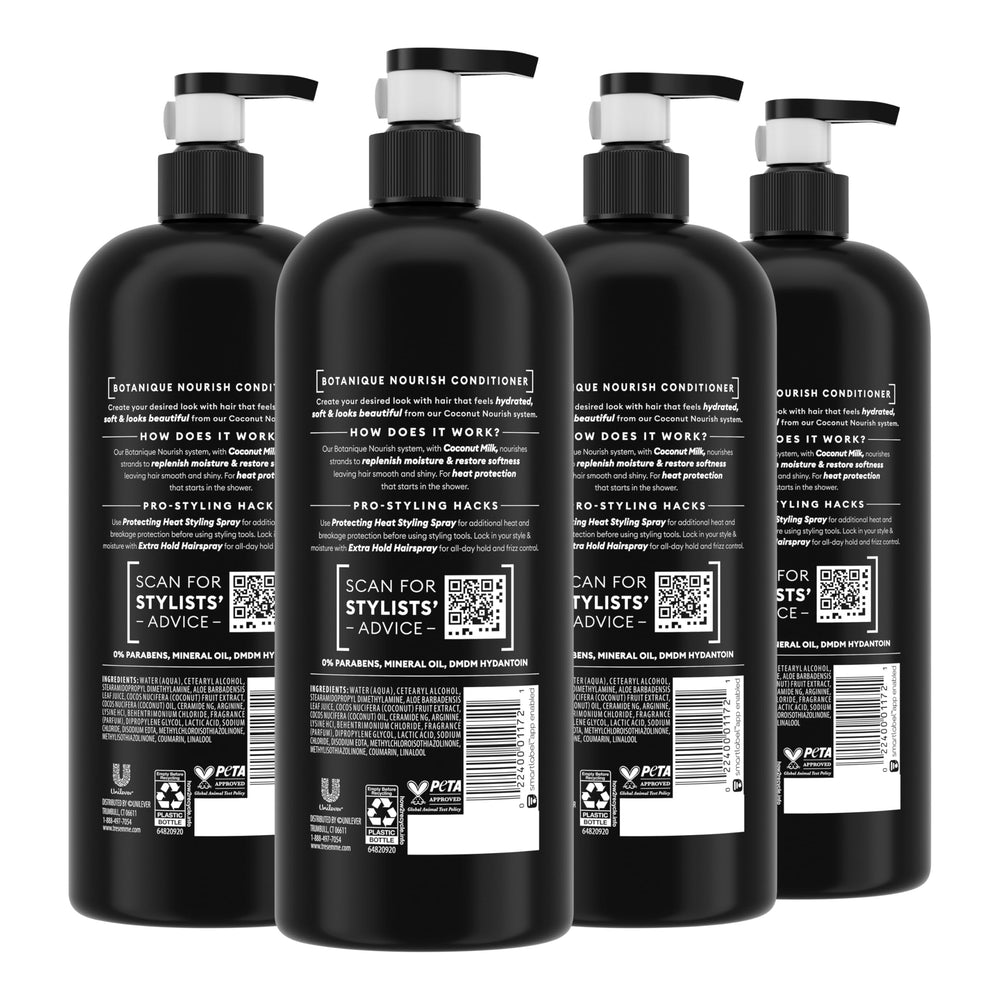 TRESemmé Botanique Nourish Shampoo bottle closeup with coconut milk for gentle cleanse and moisture.