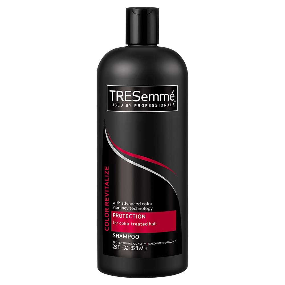 TRESemmé Color Revitalize shampoo bottle in 3-pack promotes color vibrancy.