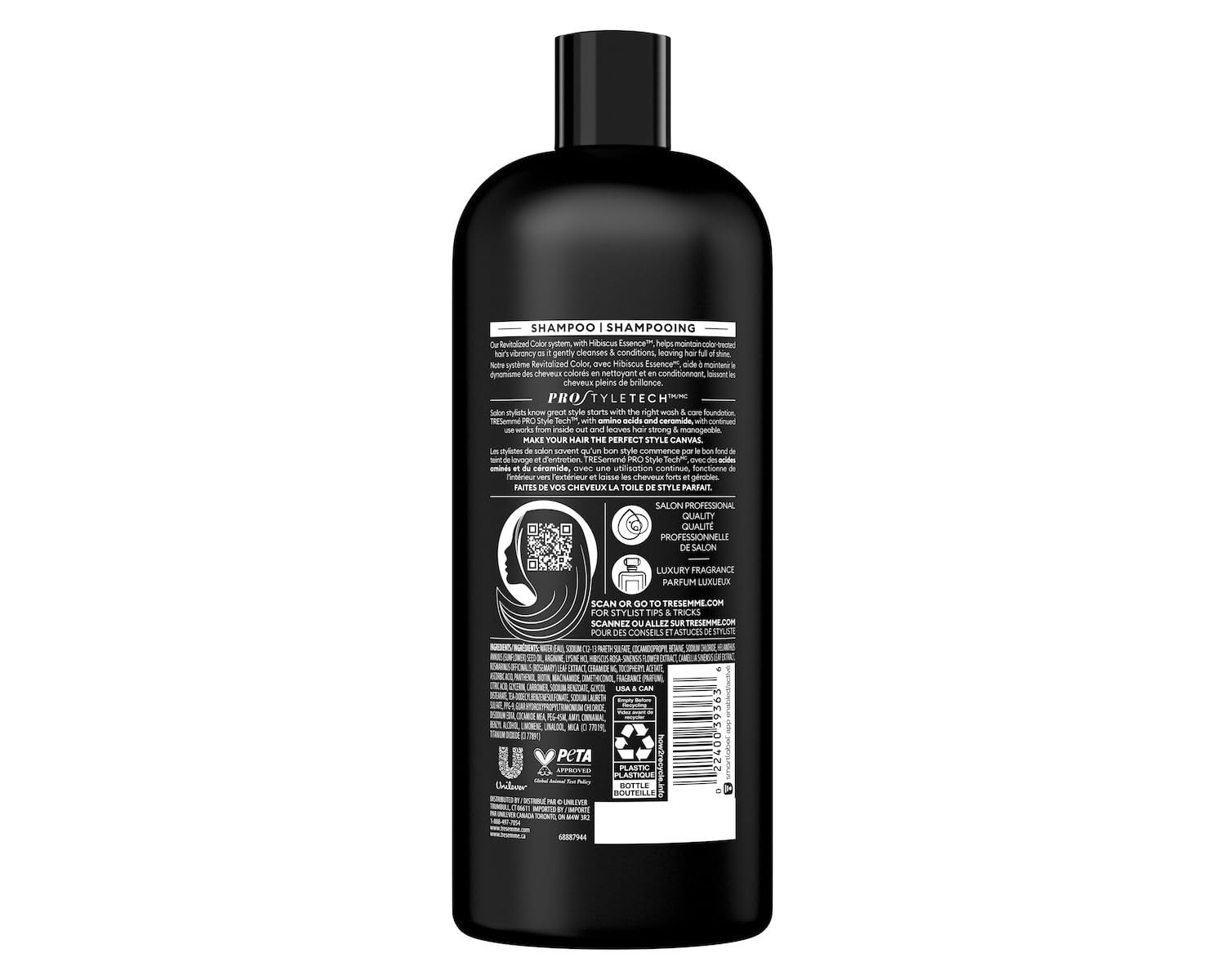 TRESemmé Color Revitalize shampoo bottle in 3-pack supports color retention and conditioning.