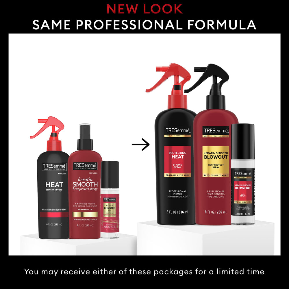 TRESemmé damp-hair application showing spray prep before blow drying