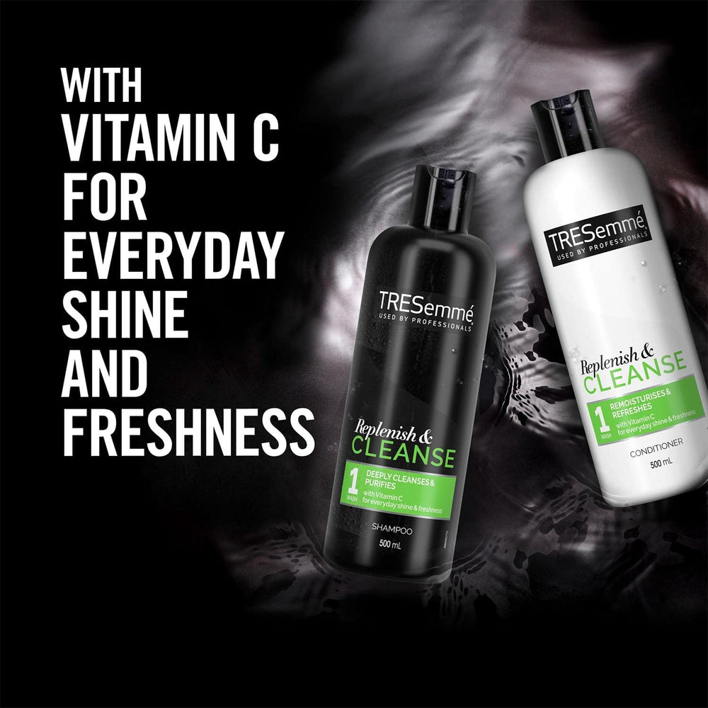 TRESemmé Deep Cleansing Shampoo bottle being poured into hand for refreshing cleanse