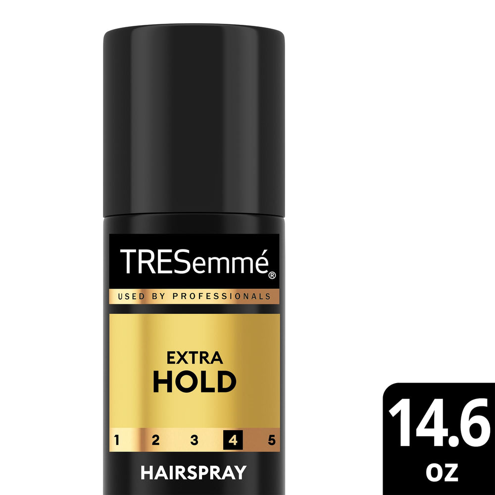 TRESemmé hairspray label detail highlights 24H frizz control and humidity protection benefits.