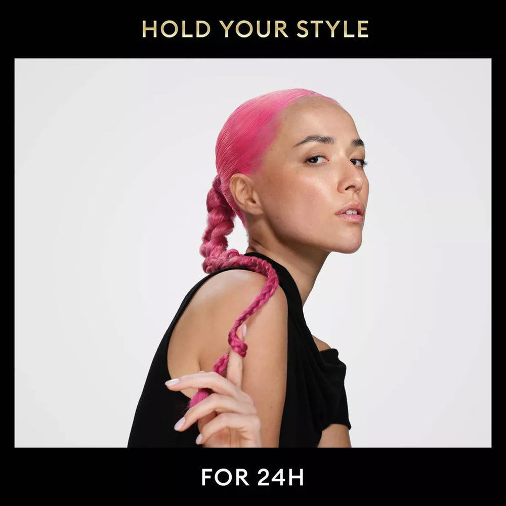 TRESemmé hairspray mist application image shows easy spray for instant setting.