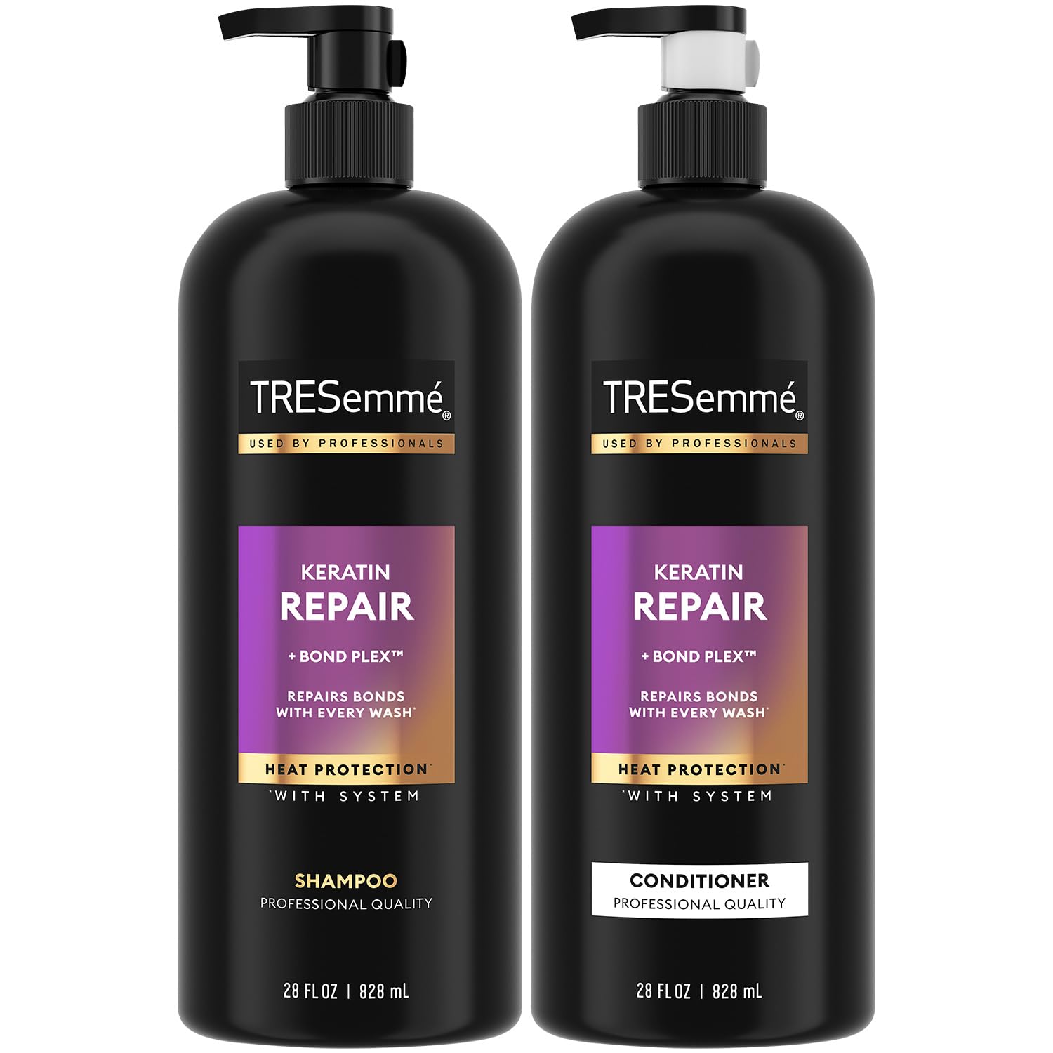 TRESemmé Keratin Repair shampoo bottle showing frizz-control potential for daily styling.