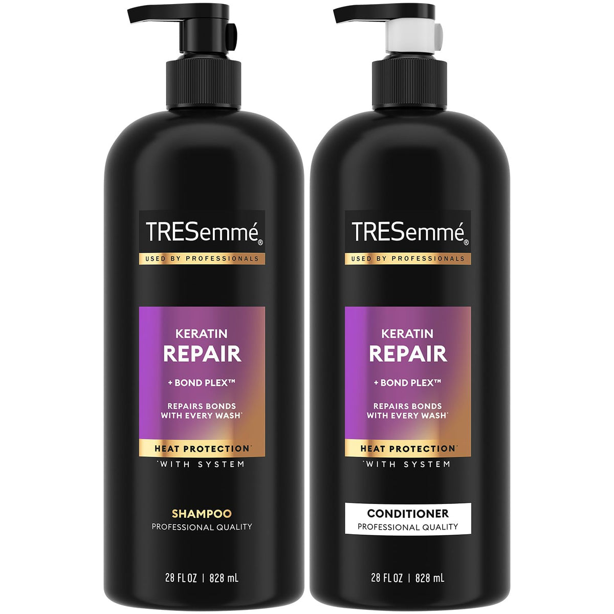 TRESemmé Keratin Repair shampoo bottle showing frizz-control potential for daily styling.