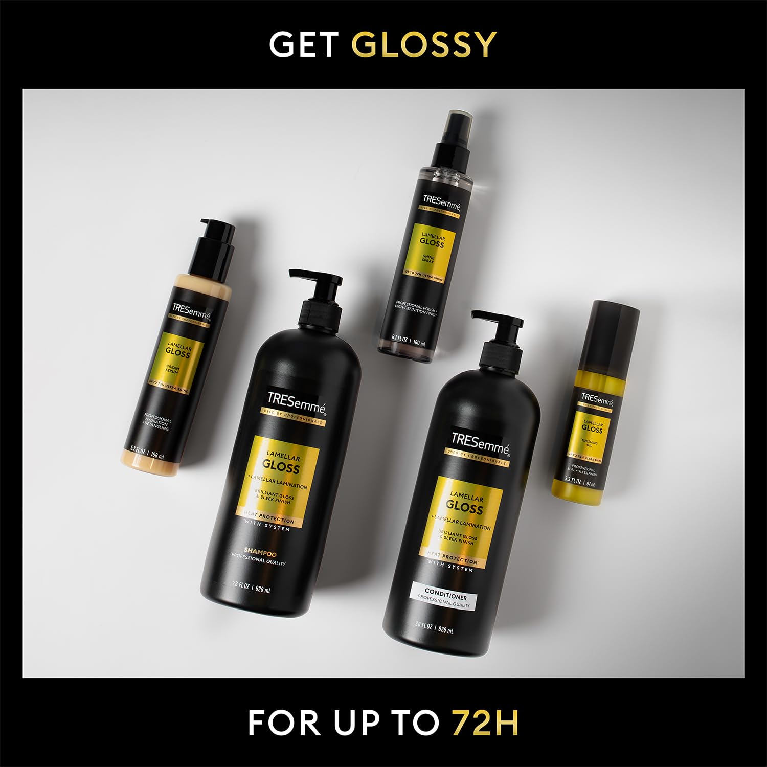 TRESemmé Lamellar Gloss product display emphasizes polished, frizz-free results