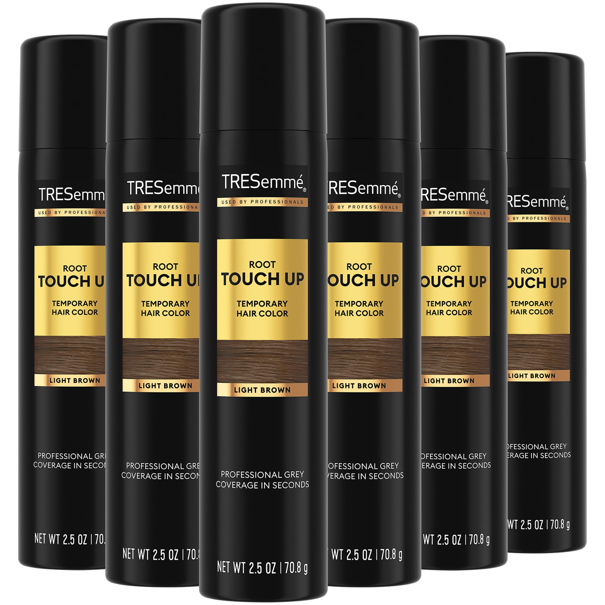 TRESemmé light brown root touch up spray travel pack bottles for quick concealment on the go.