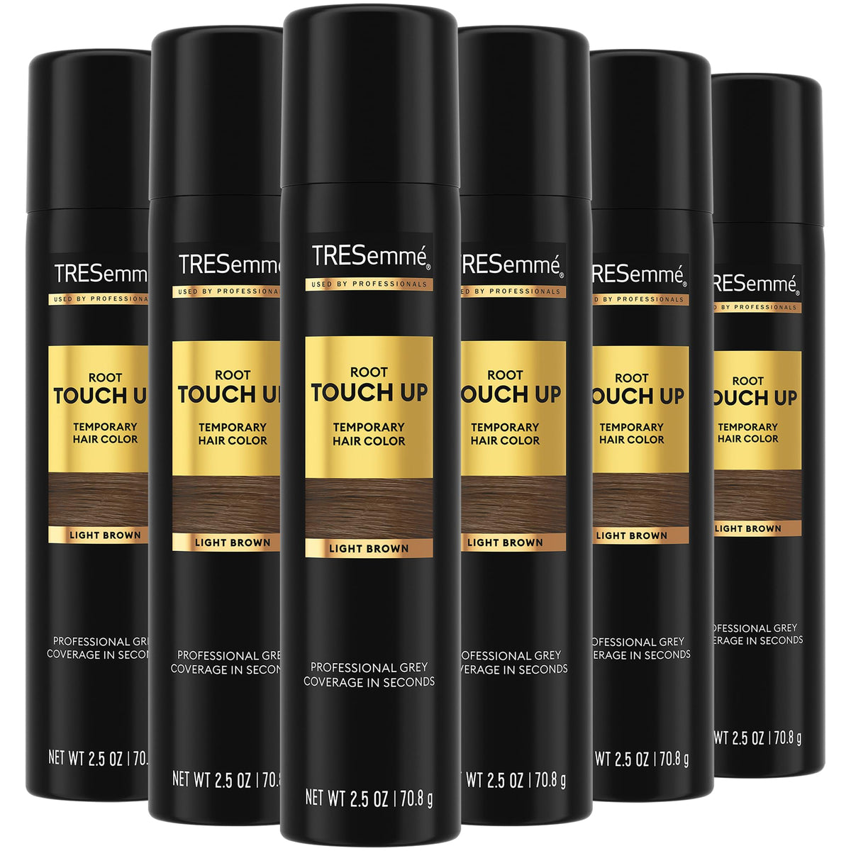 TRESemmé light brown root touch up spray travel pack bottles for quick concealment on the go.