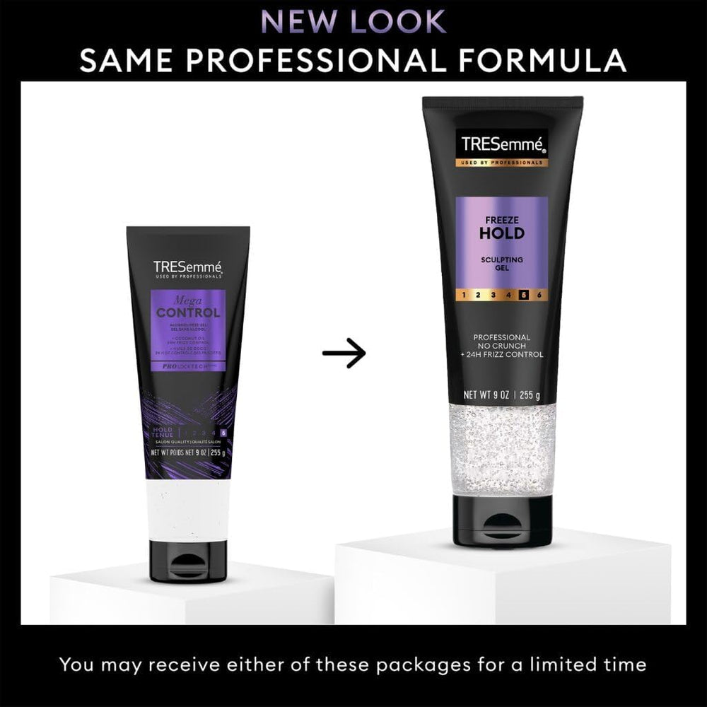 TRESemmé Mega Control gel packaging emphasizing color-safe, alcohol-free formula