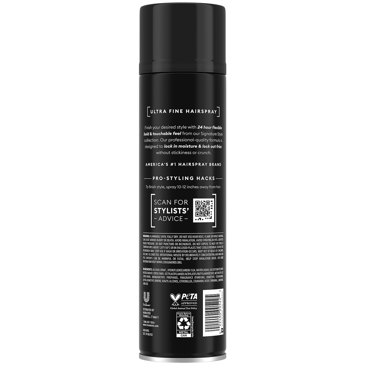 TRESemmé Pro Lock Tech hairspray close-up — smooth, touchable finish with frizz control
