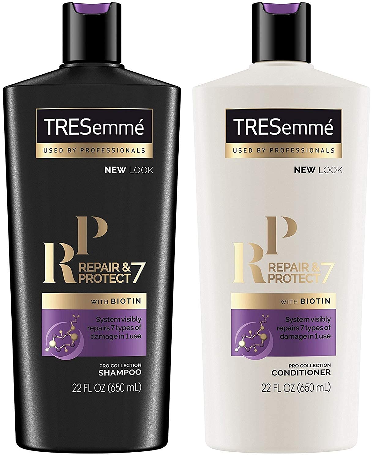 TRESemmé Repair 7 Biotin shampoo bottle pouring for smoother hair