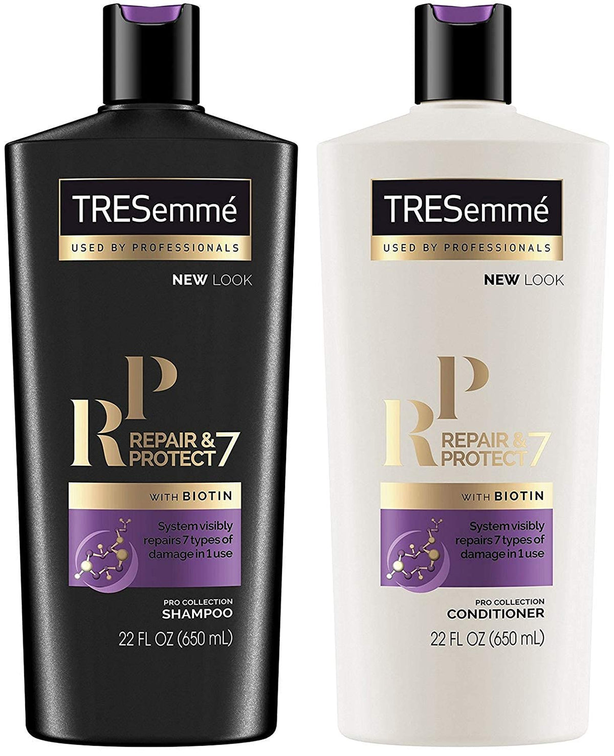 TRESemmé Repair 7 Biotin shampoo bottle pouring for smoother hair