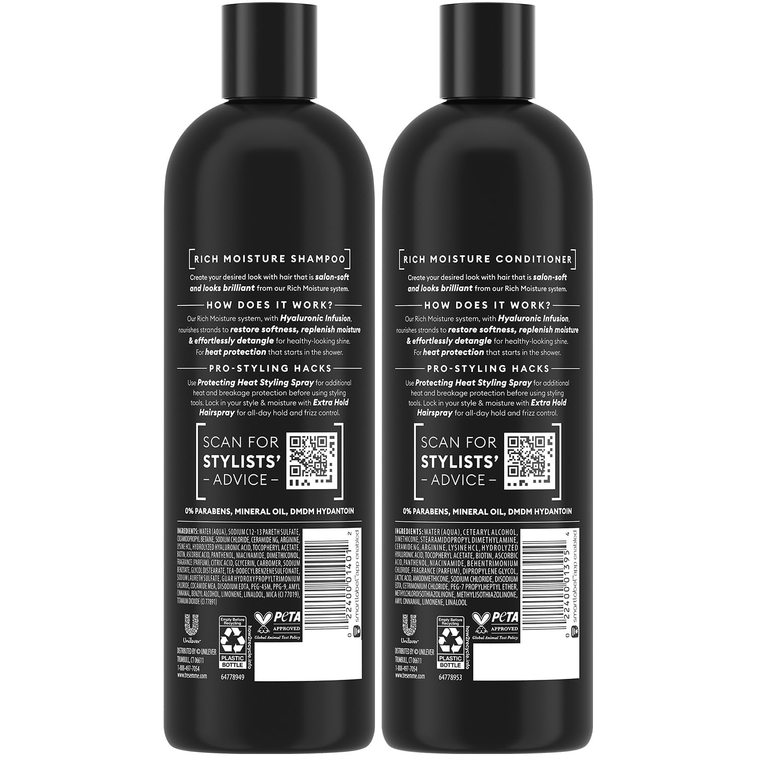 TRESemmé Rich Moisture Conditioner bottle delivering lasting softness for curls.