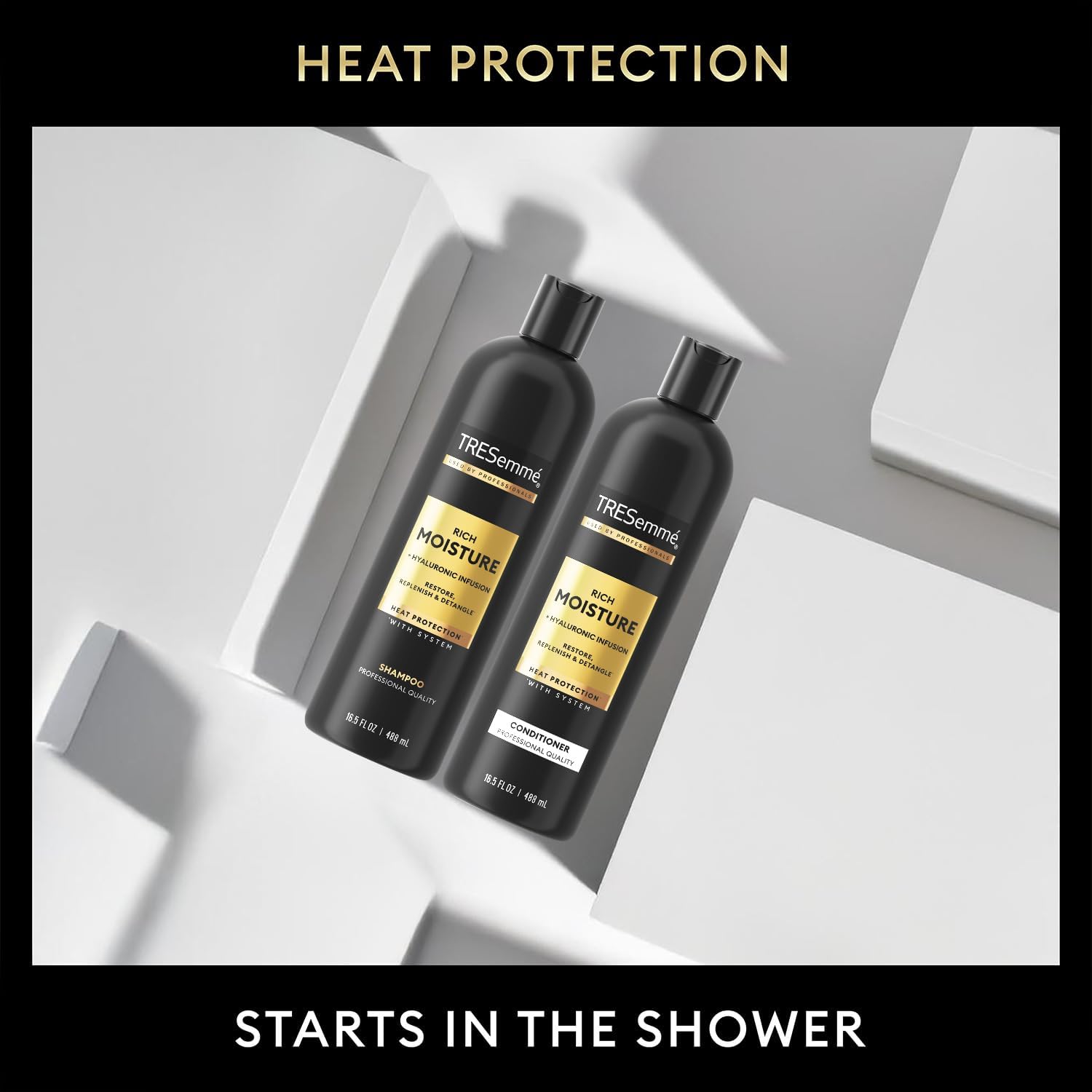 TRESemmé Rich Moisture set packaging with shampoo and conditioner for hydrated hair.