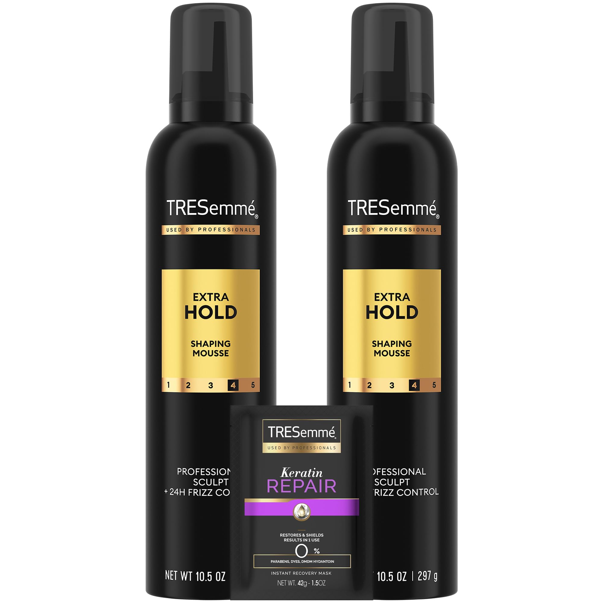 TRESemmé shaping mousse extra hold bottle ready to tame frizz and sculpt style.