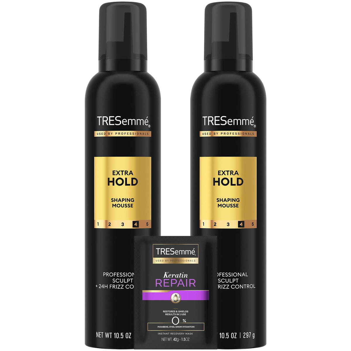 TRESemmé shaping mousse extra hold bottle ready to tame frizz and sculpt style.