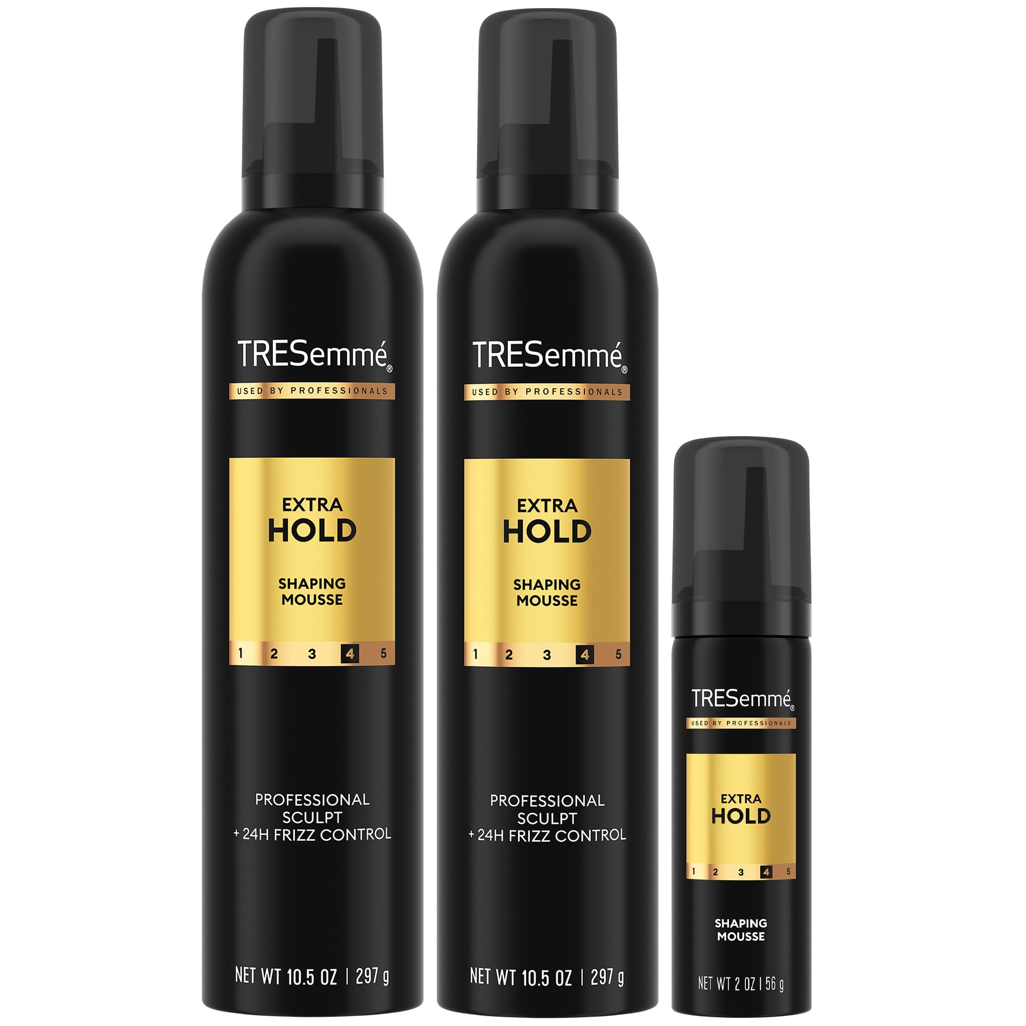 TRESemmé shaping mousse extra-hold full-size bottles on vanity for lasting style