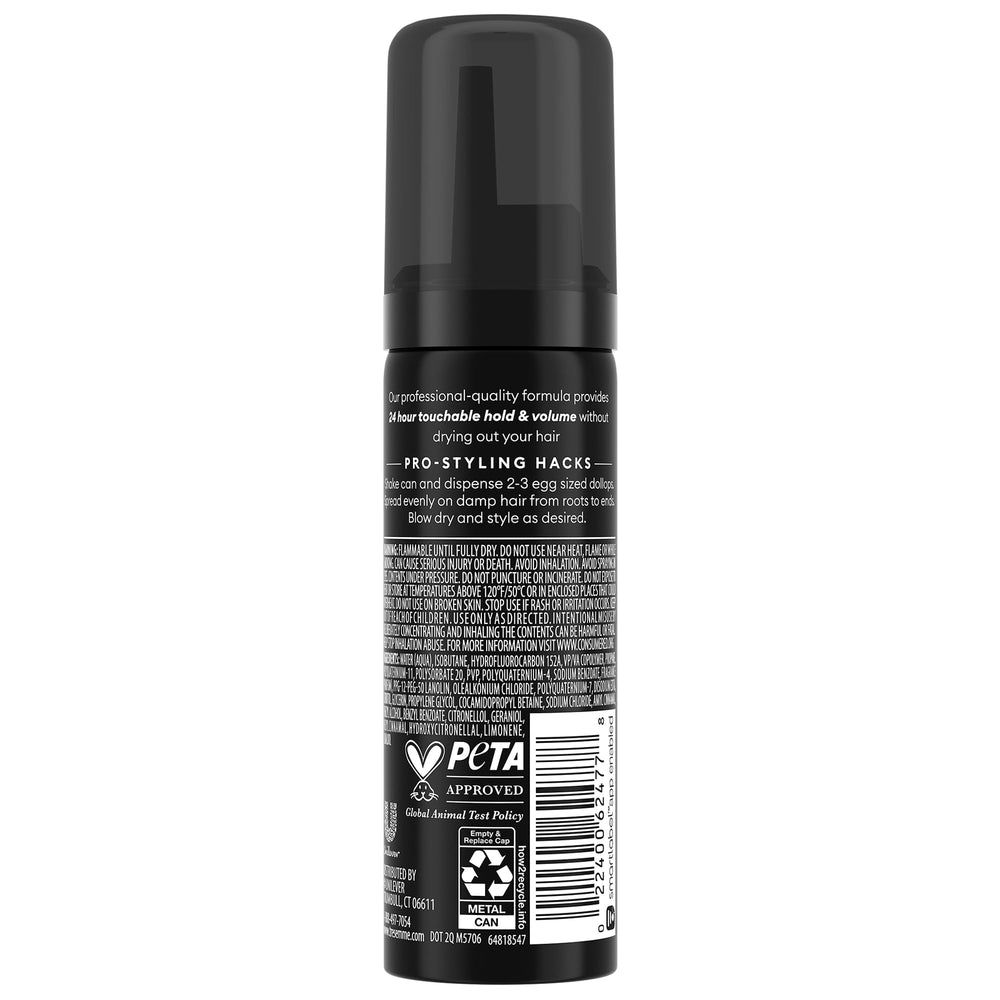 TRESemmé Shaping Mousse travel-pack application demonstrates even root-to-end coverage.