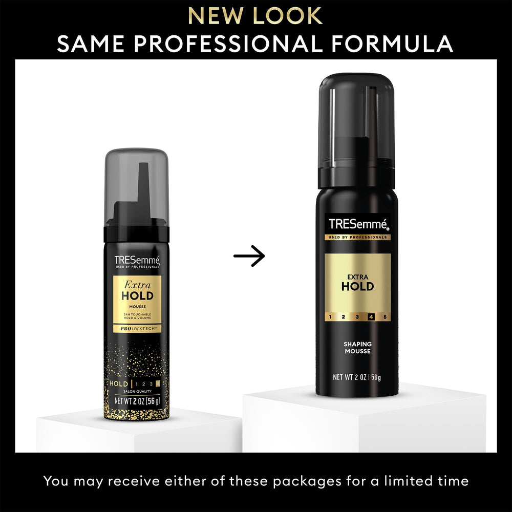 Tresemmé Shaping Mousse travel-packaging six-pack on shelf.