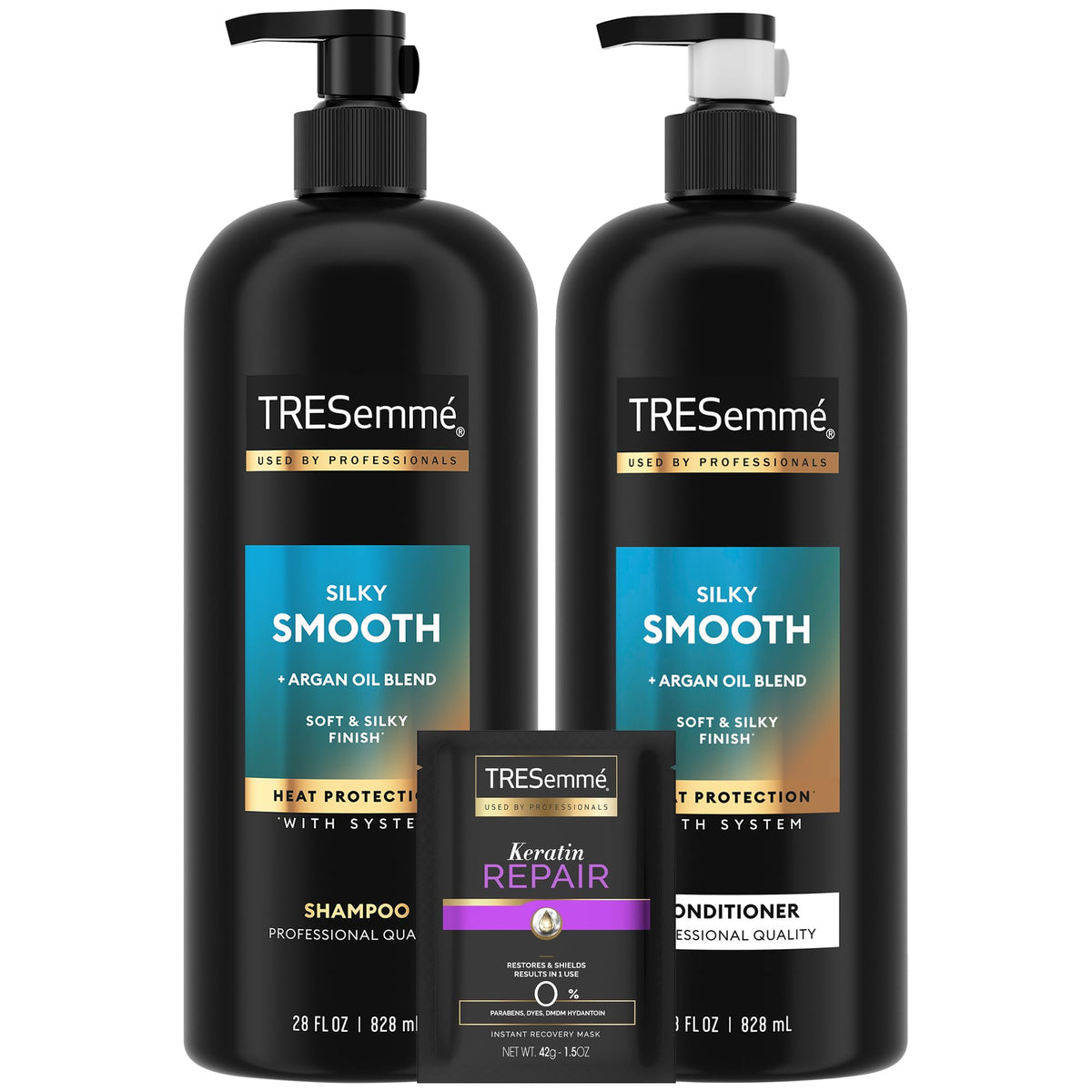 TRESemmé Silky & Smooth Shampoo bottle showing frizz control and shine.
