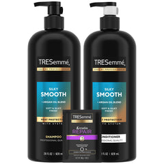 TRESemmé Silky & Smooth Shampoo bottle showing frizz control and shine.