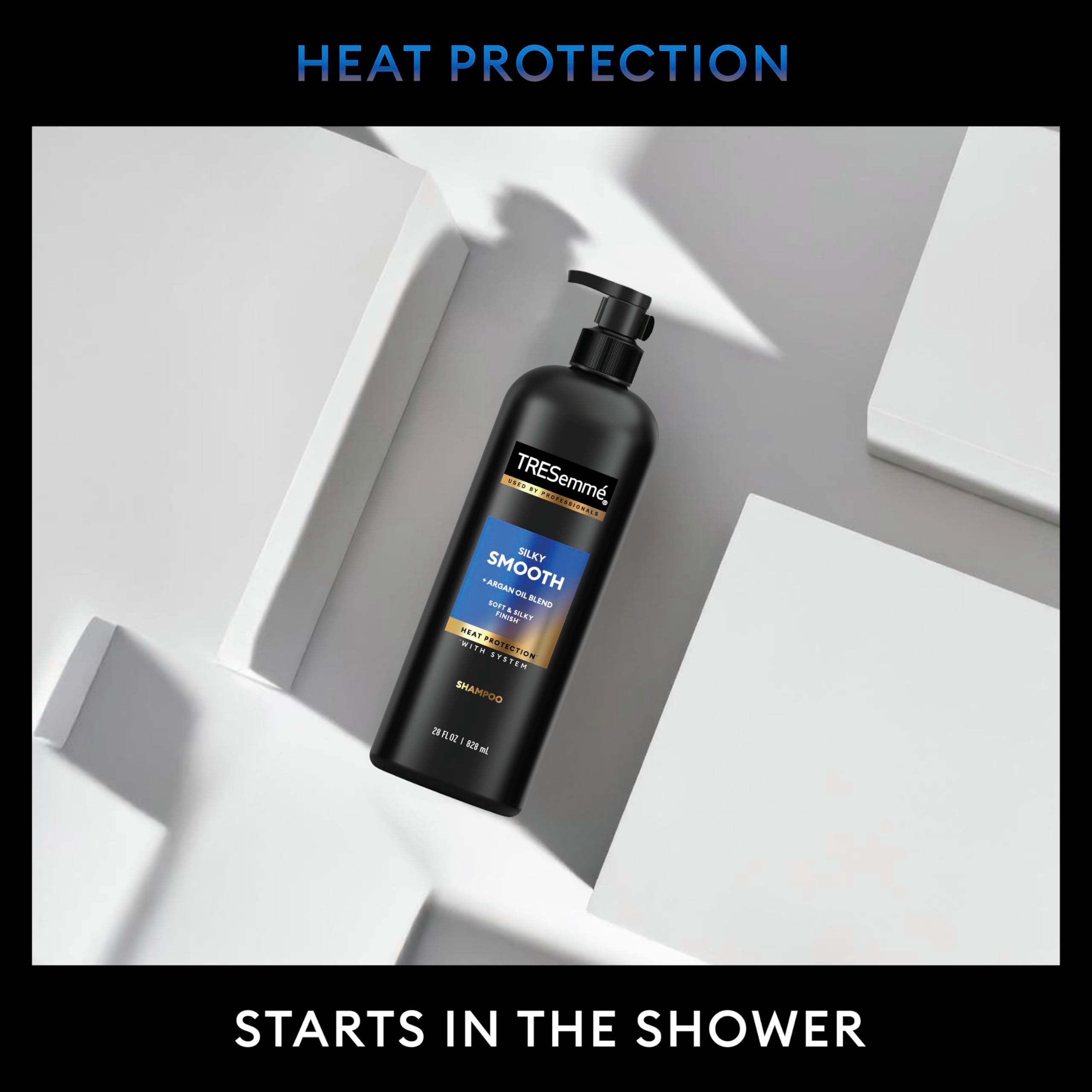TRESemmé Silky Smooth Shampoo side view emphasizes travel-friendly packaging.