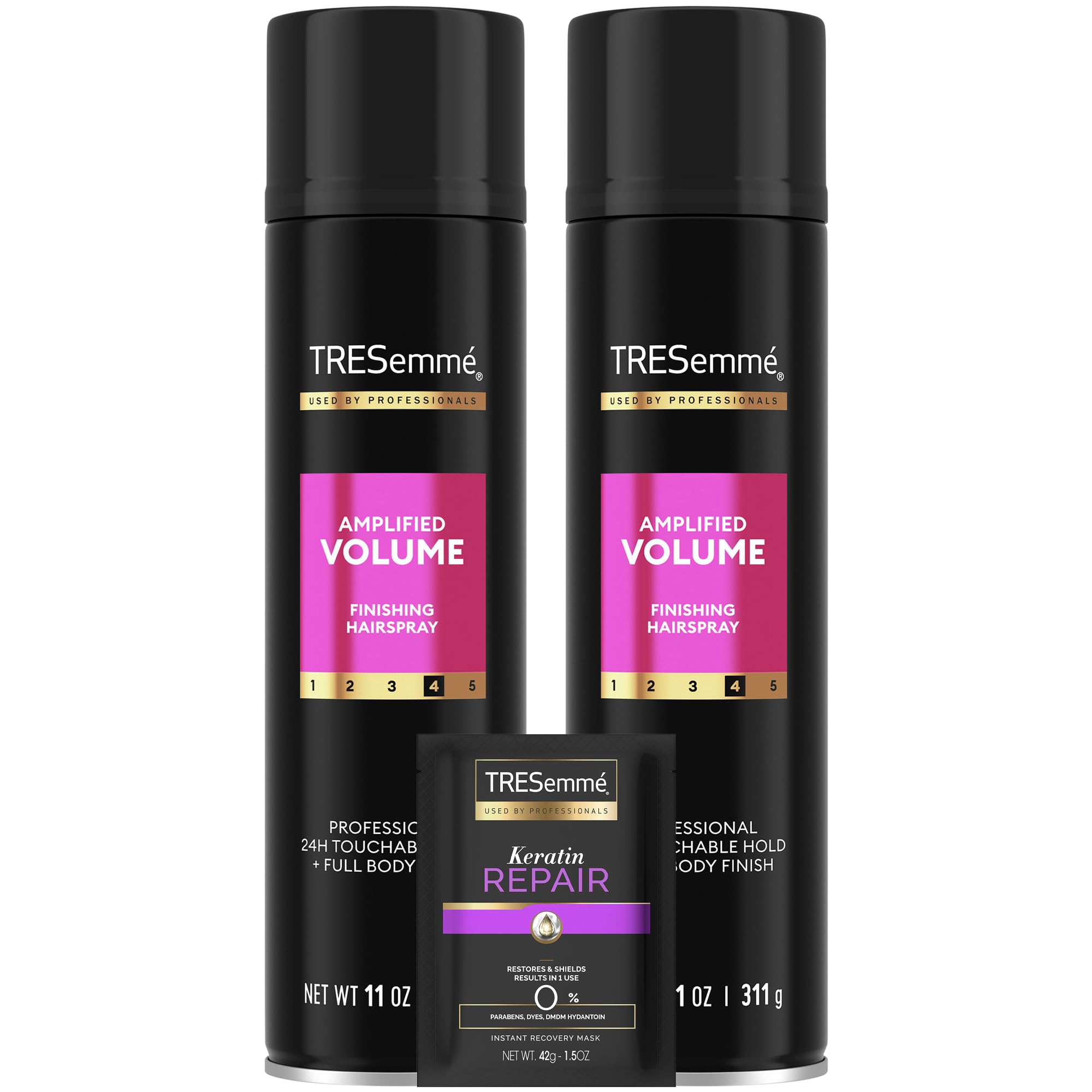 TRESemmé Total Volume hairspray bottle offering all-day lift for voluminous hair