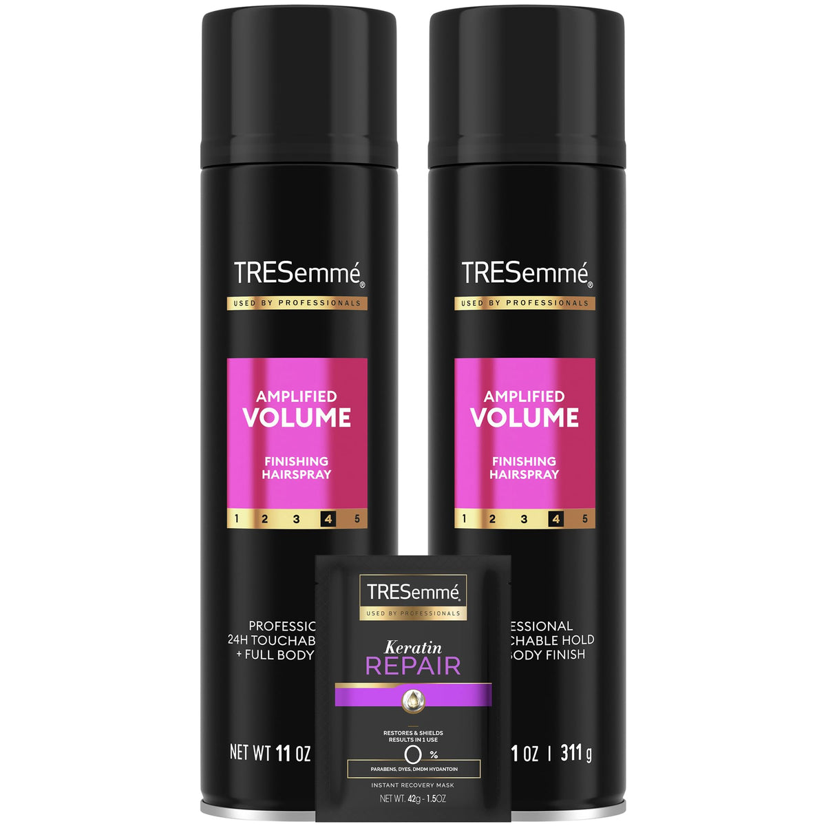 TRESemmé Total Volume hairspray bottle offering all-day lift for voluminous hair