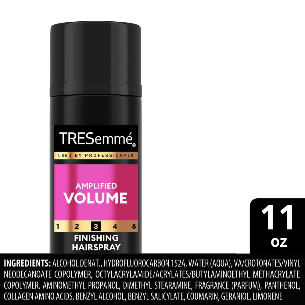 TRESemmé Total Volume hairspray close-up of bottle label and product details