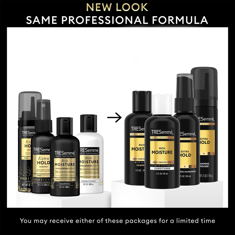TRESemmé Travel Extra Hold Hairspray bottle delivers flexible, humidity-resistant hold.