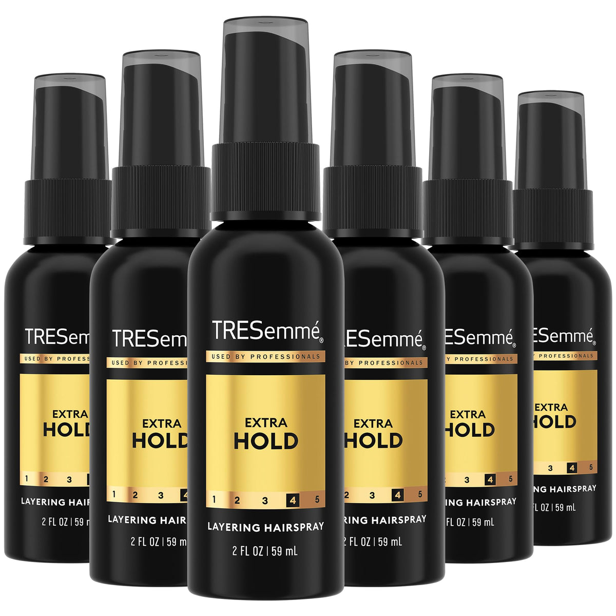 TRESemmé Travel Hairspray extra hold bottle showing defined, long-lasting style on the go.