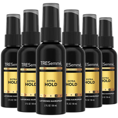 TRESemmé Travel Hairspray extra hold bottle showing defined, long-lasting style on the go.