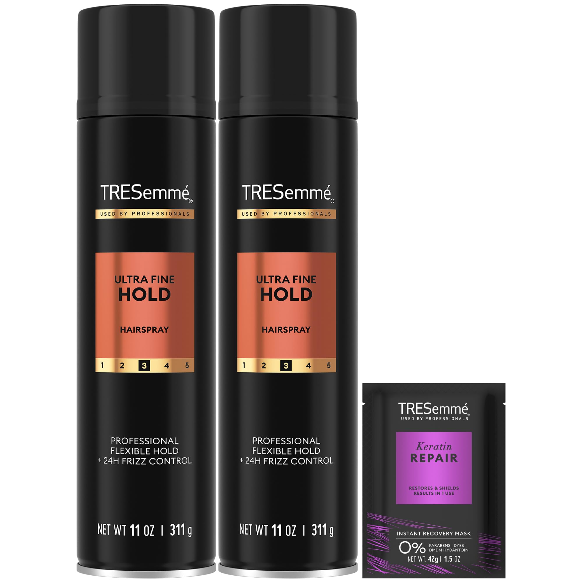 TRESemmé Ultra Fine Hold hairspray bottle shows lasting flexible control.