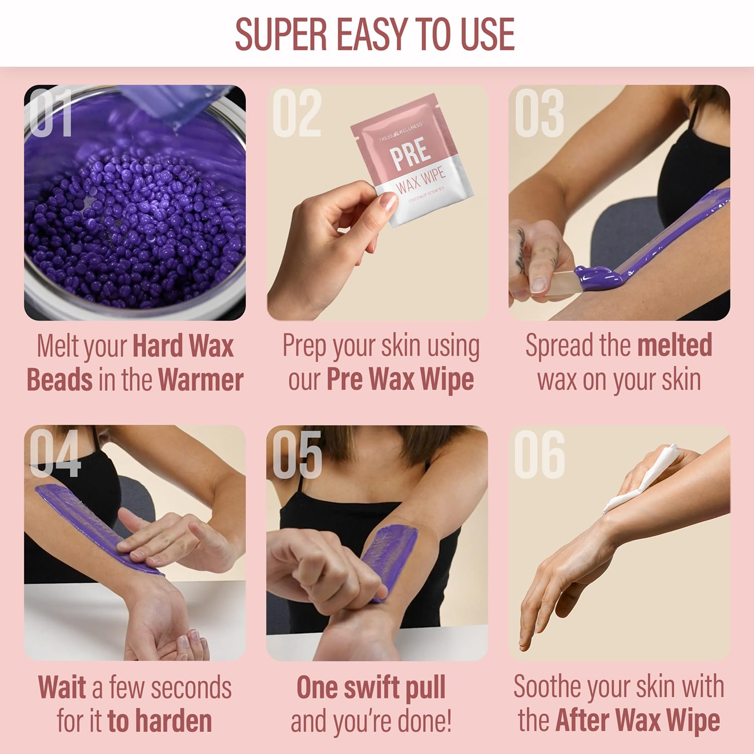 Tress Wellness after-wax-wipes help soothe and cleanse skin post-session.