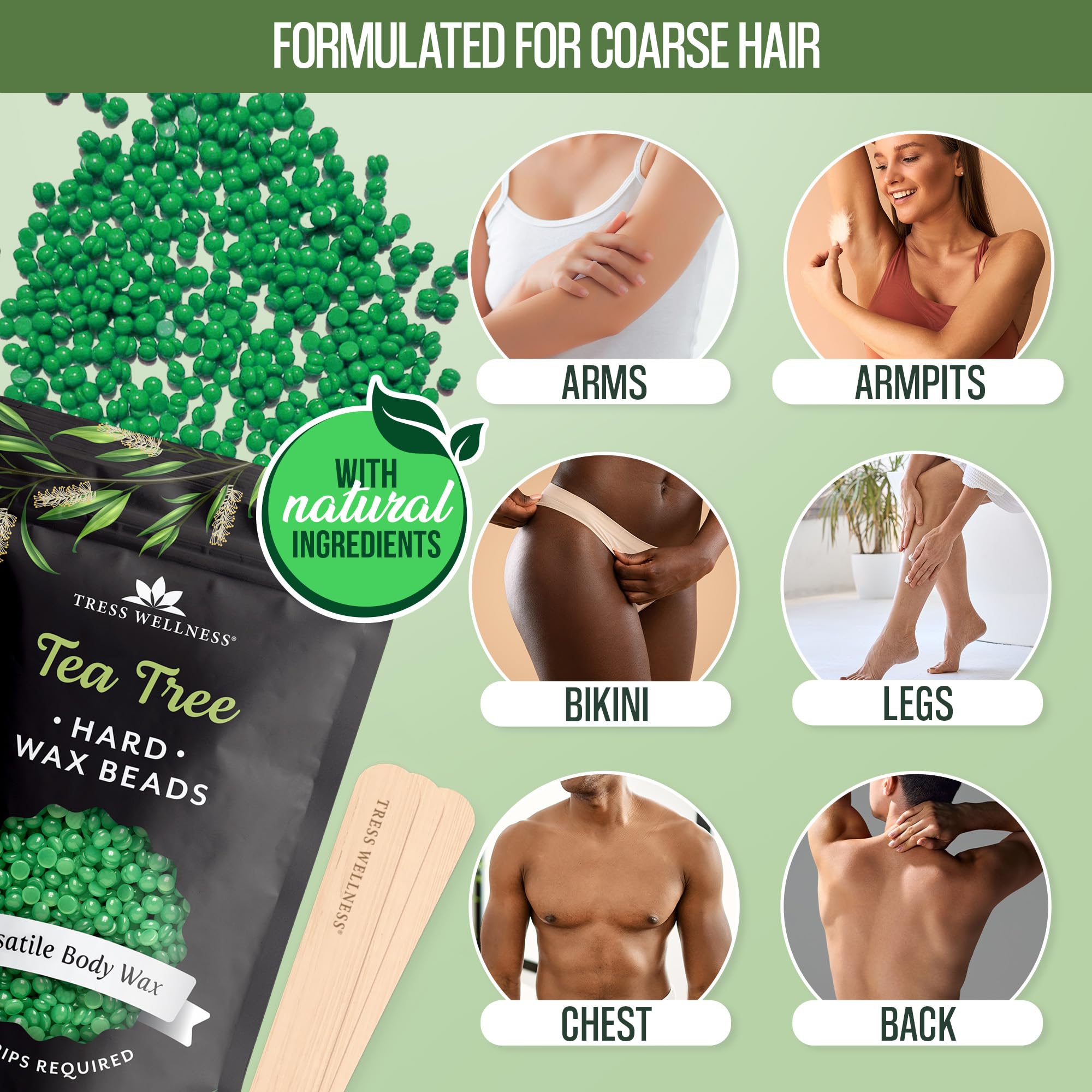 Tress Wellness dermatologically tested seal highlights skin-safety during wax sessions.