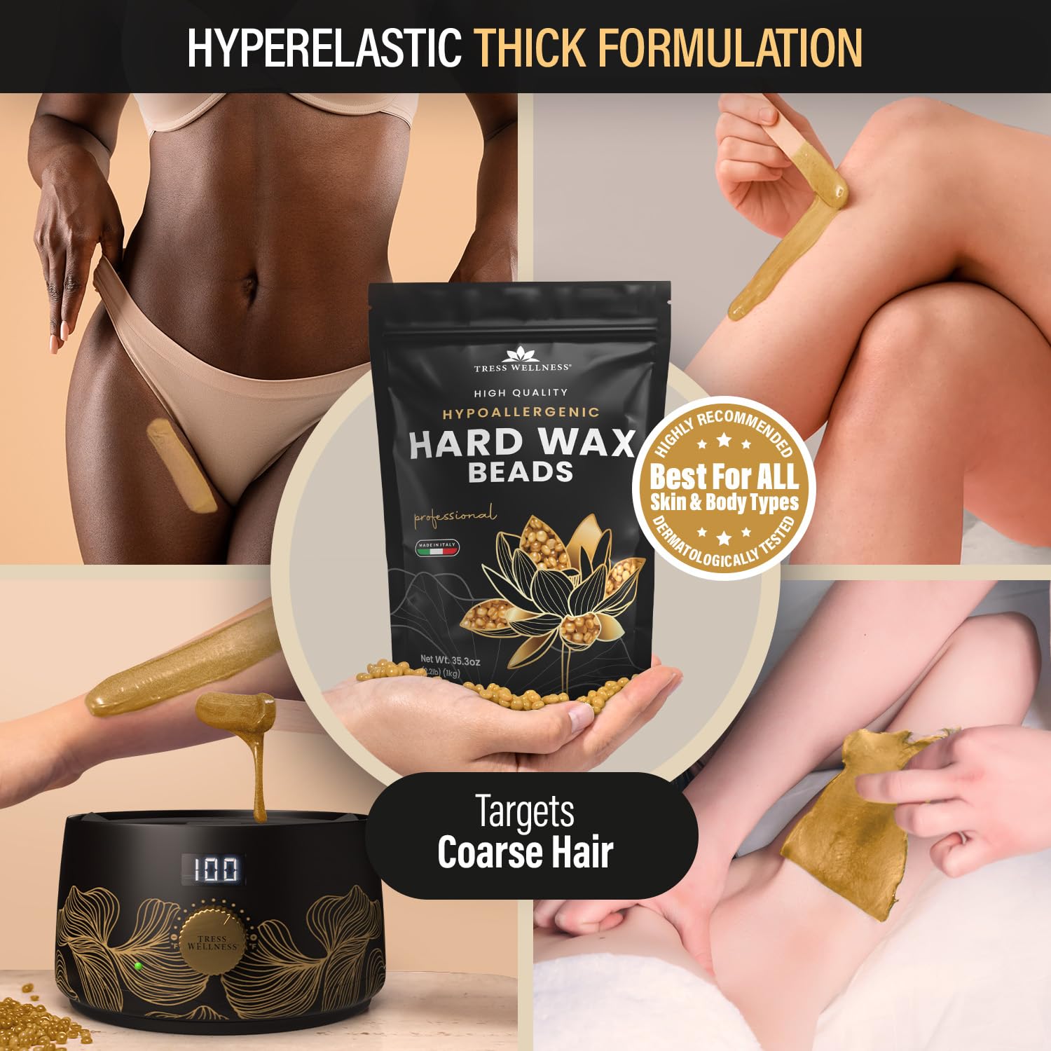 Tress Wellness hyper-elastic wax technology demonstrates effective removal without dragging.