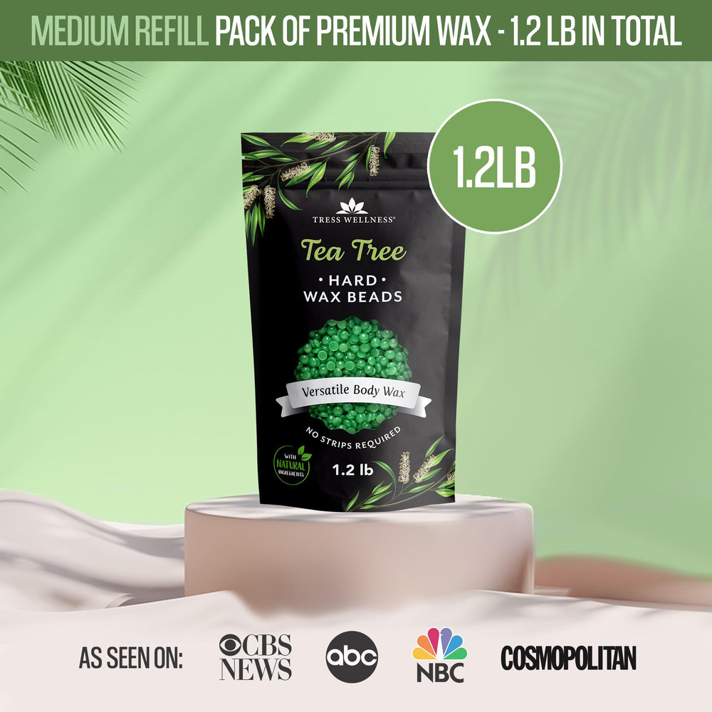 Tress Wellness kit of tea tree wax beads enables convenient at-home bikini and Brazilian waxing.