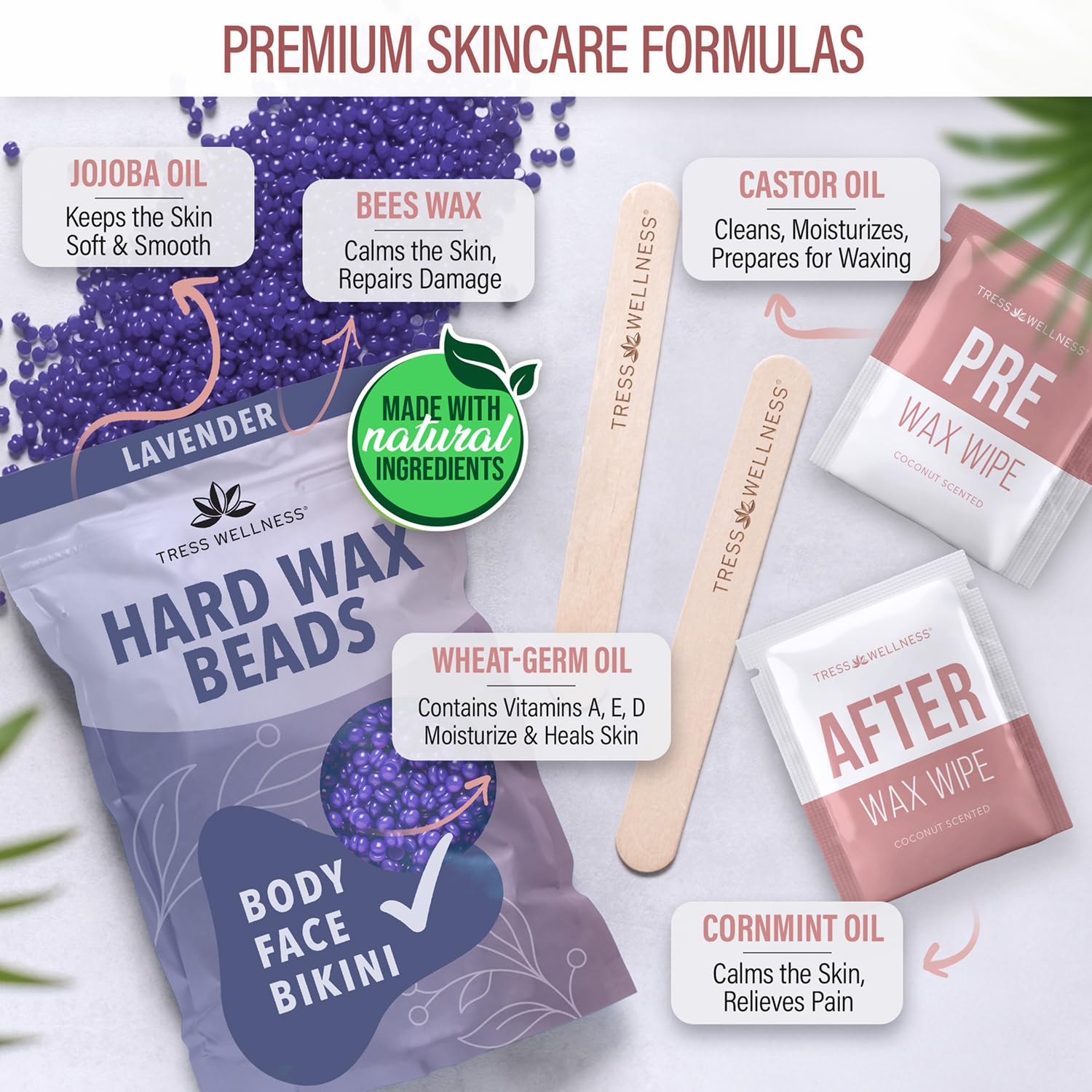 Tress Wellness pre-wax-wipes illustrate skin prep before hair removal.